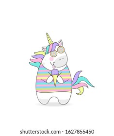 Vector illustration of magic cute unicorn with ice cream, children's print on t-shirt. Cute cartoon style doodle unicorn with quote.