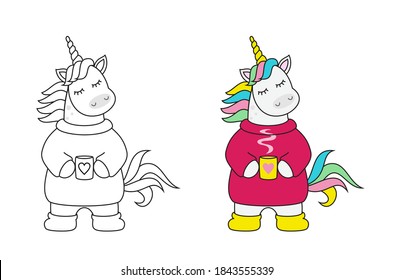 Vector illustration of magic cute unicorn with cup of tea.Children's coloring book.