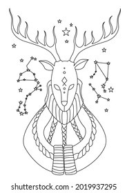 Ilustración vectorial de ciervos mágicos y estrellas. Libro de coloración, caricatura, diseño de personajes