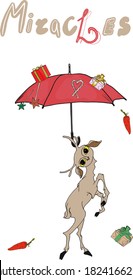 Vector illustration of a magic deer under an umbrella with gifts in the style of the new year. Fashion illustration isolated on white 