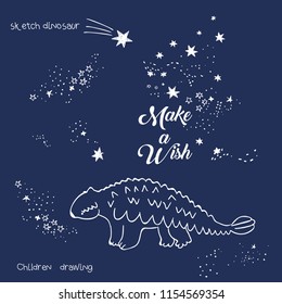 Vector illustration of magic dinosaur constellation, polygonal art, geometric design with hand drawn (with a tablet) stars, lettering make a wish, fashion print for t shirt with celestial star map