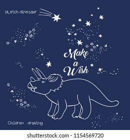 Vector Illustration Of Magic Dinosaur Constellation, Polygonal Art, Geometric Design With Hand Drawn (with A Tablet) Stars, Lettering Make A Wish, Fashion Print For T Shirt With Celestial Star Map