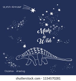Vector illustration of magic dinosaur constellation, polygonal art, geometric design with hand drawn (with a tablet) stars, lettering make a wish, fashion print for t shirt with celestial star map