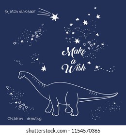 Vector illustration of magic dinosaur constellation, polygonal art, geometric design with hand drawn (with a tablet) stars, lettering make a wish, fashion print for t shirt with celestial star map