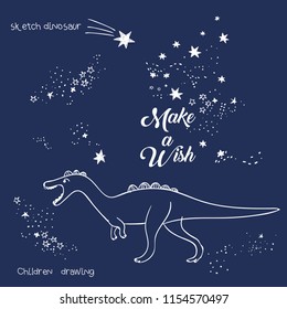 Vector illustration of magic dinosaur constellation, polygonal art, geometric design with hand drawn (with a tablet) stars, lettering make a wish, fashion print for t shirt with celestial star map