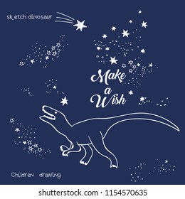 Vector illustration of magic dinosaur constellation, polygonal art, geometric design with hand drawn (with a tablet) stars, lettering make a wish, fashion print for t shirt with celestial star map