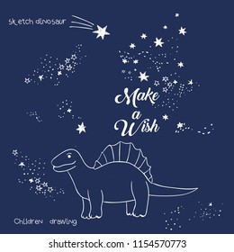 Vector illustration of magic dinosaur constellation, polygonal art, geometric design with hand drawn (with a tablet) stars, lettering make a wish, fashion print for t shirt with celestial star map