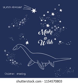 Vector illustration of magic dinosaur constellation, polygonal art, geometric design with hand drawn (with a tablet) stars, lettering make a wish, fashion print for t shirt with celestial star map