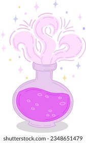 Ilustración vectorial de un elixir mágico. Una botella con un elixir mágico para hechizos de amor, brujería y divinidad. Ilustración mágica y alquimia. Una botella con una poción milagrosa.