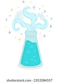 Ilustración vectorial de un elixir mágico. Una botella con un elixir mágico para hechizos de amor, brujería y divinidad. Ilustración mágica y alquimia. Una botella con una poción milagrosa.