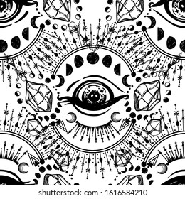 Vector illustration, magic eye, astrology and crystals, spirituality and occultism, light  background, seamless pattern, Handmade,magic symbol