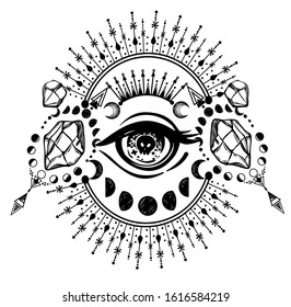 Vector illustration, magic eye, astrology and crystals, spirituality and occultism, print on t-shirt, tattoo, Handmade,magic symbol
