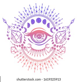 Vector illustration, magic eye, astrology and crystals, spirituality and occultism, magic symbol, print on t-shirt, tattoo, Handmade