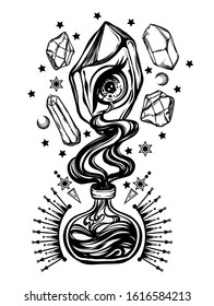 Vector illustration, magic eye in the crystal, Alchemy, spirituality and occultism, print on t-shirt, tattoo, Handmade