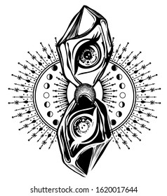 Vector illustration, magic eye in the crystal, spirituality and occultism, print on t-shirt, tattoo, Handmade