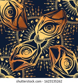 Vector illustration, magic eye in the crystal, spirituality and occultism, Handmade, print, dark background, seamless pattern