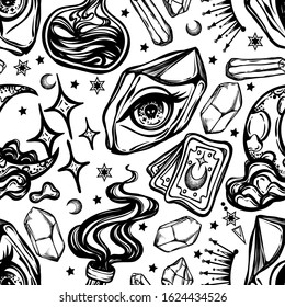 Vector illustration, magic eye in the crystal, Alchemy, spirituality and occultism, print, Handmade, light  background, seamless pattern