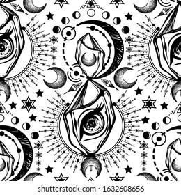 Vector illustration, magic eye in the crystal, spirituality and occultism, Handmade, print, light  background, seamless pattern