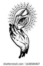 Vector illustration, magic eye in the crystal, mystical hand, spirituality and occultism, Handmade, print on t-shirt, tattoo