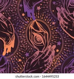 Vector illustration, magic eye in the crystal, mystical hand, spirituality and occultism, Handmade, print, dark background, seamless pattern