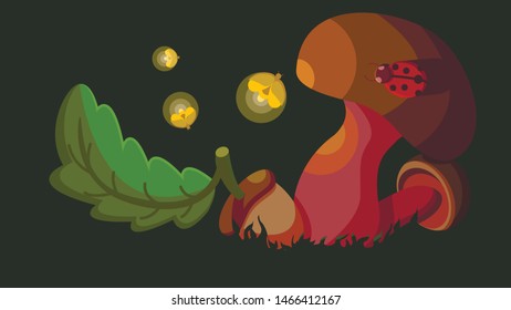 Vector illustration. Magic fireflies emit light on mushrooms, a ladybird and an acorn with an oak leaf. Drawing for children.