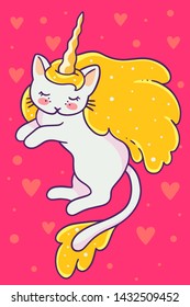 Vector illustration of magic flying cat unicorn with golden mane, horn and close eyes on pink background with hearts. Line art design to make cat unicorn party poster, invitation, greeting card