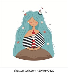 Vector illustration of a magic girl with a lighthouse and blue hair. Clipart with a magical girl in a striped T-shirt with sea waves instead of hair.