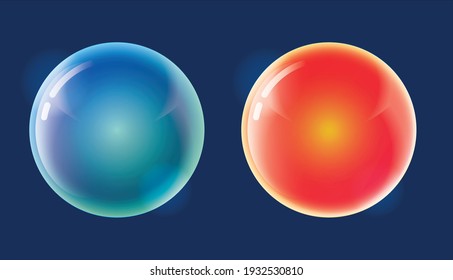 Vector illustration of magic glowing glass volumetric balls of the element, blue and red on a dark blue background
