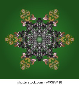 Vector illustration. Magic green, gray and yellow holiday abstract background with star and falling snowflakes. Christmas green, gray and yellows.