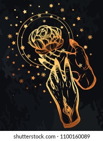 Vector illustration. Magic in the hands, peony, stars, tattoos. background chalkboard. Handmade, prints on T-shirts, gold color