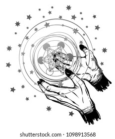 Vector illustration. Magic in the hands, sphere, prints on T-shirts, tattoos. Handmade, background white