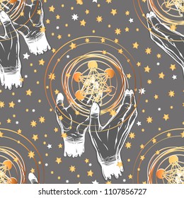 Vector illustration. Magic in the hands, sphere, prints on T-shirts. Handmade, seamless pattern, gray background, gold color