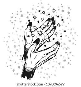 Vector illustration. Magic in the hands, stars. Handmade, prints on T-shirts, tattoos, background white