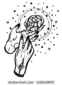Vector illustration. Magic in the hands, stars, peony, prints on T-shirts, tattoos, background white. Handmade