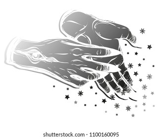 Vector illustration. Magic in the hands, stars, tattoos. background white. Handmade, prints on T-shirts, gray color