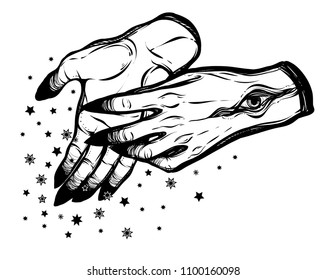 Vector illustration. Magic in the hands, stars. Handmade, prints on T-shirts, tattoos. background white