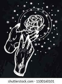 Vector illustration. Magic in the hands, stars, peony. Handmade, tattoos. background chalkboard, prints on T-shirts