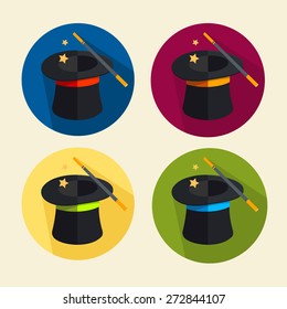 Vector illustration magic hat icon set. Circle buttons