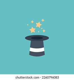 Vector illustration of magic hat and stars icon, magician hat.
