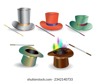 Vector illustration of magic hat, wand, semi realistic design. Eps 10