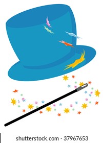 vector illustration of magic hat with magic wand and stars isolated on white
