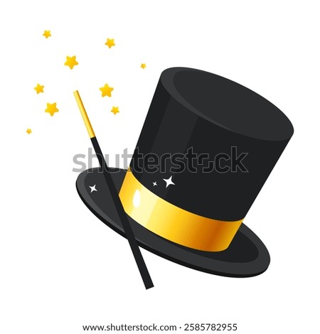 Vector illustration of magic hat and wand isolated on white background.