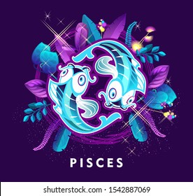 Vector illustration of magic horoscope sign Pisces style of the 60s, bright hippie art