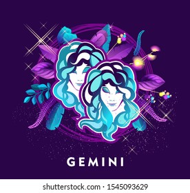 Vector illustration of magic horoscope sign Gemini style of the 60s, bright hippie art