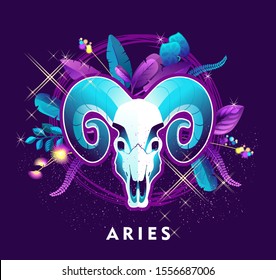 Vector illustration of magic horoscope sign Aries style of the 60s, bright hippie art