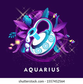 Vector illustration of magic horoscope sign Aquarius style of the 60s, bright hippie art