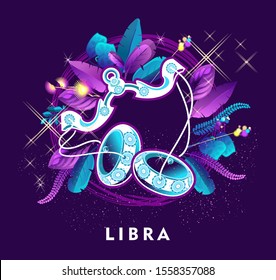 Vector illustration of magic horoscope sign Libra style of the 60s, bright hippie art