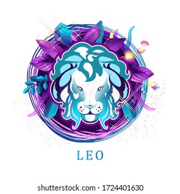 Vector illustration of magic horoscope sign Leo style of the 60s, bright hippie art isolated on white background