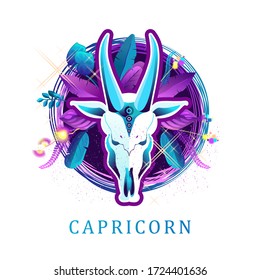 Vector illustration of magic horoscope sign Capricorn style of the 60s, bright hippie art isolated on white background