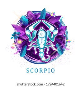 Vector illustration of magic horoscope sign Scorpio style of the 60s, bright hippie art isolated on white background
